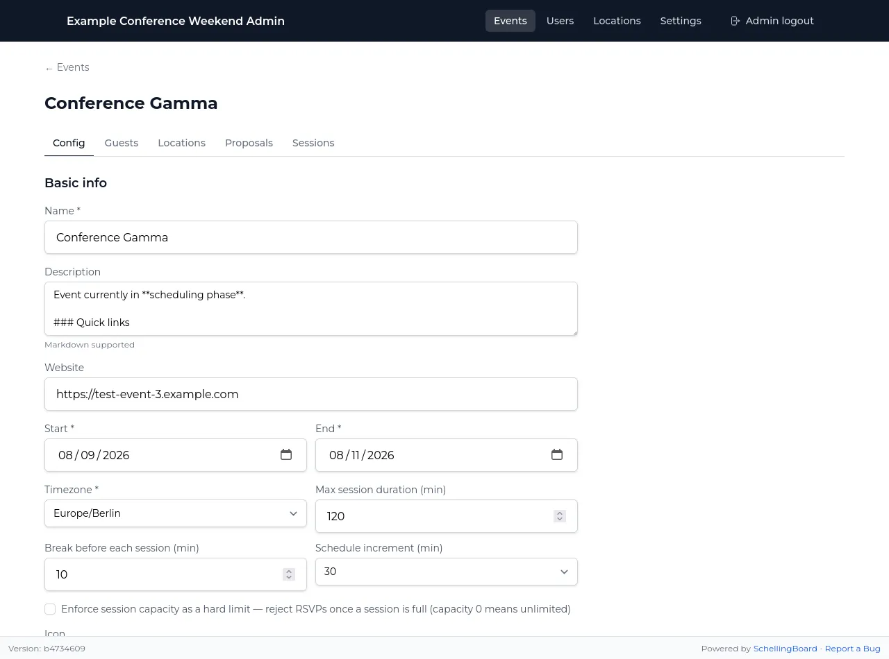 Admin event configuration form with name, dates, timezone, and scheduling settings