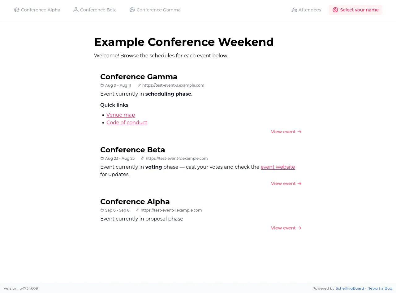 Home page listing multiple events, each with its dates, phase, and quick links