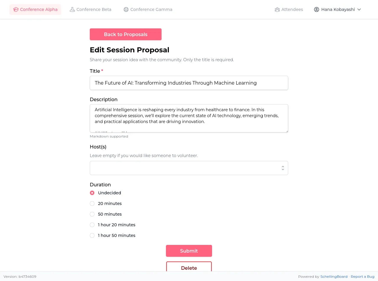 Session proposal form with title, description, hosts, and duration fields