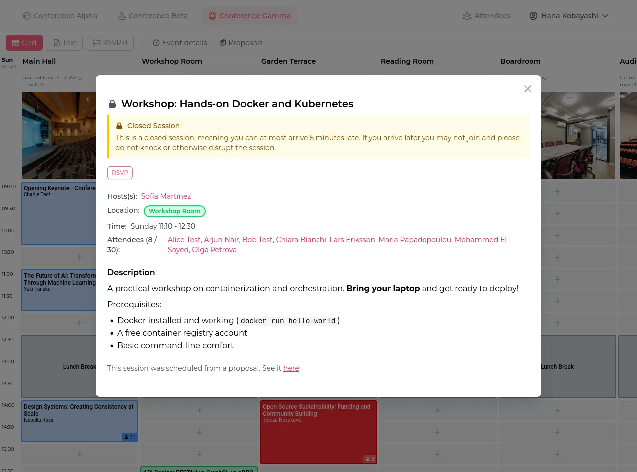 Session detail popup with host, location, time, attendee list, and full description