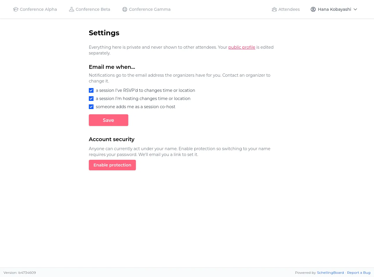 Settings page with email notification checkboxes and an Enable protection button