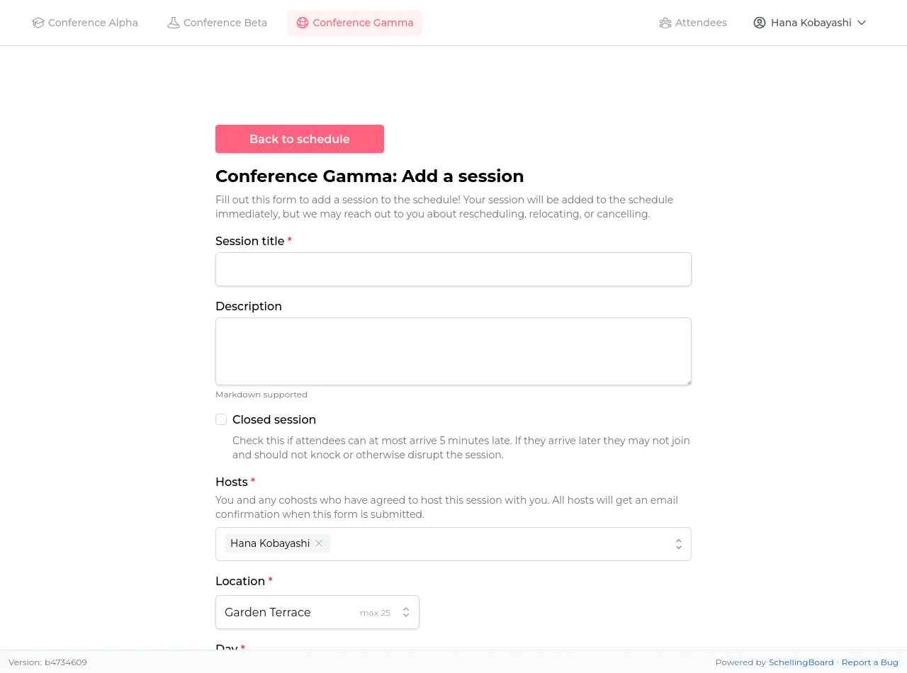 Form for adding a session to the schedule, with a Pre-fill from proposal dropdown