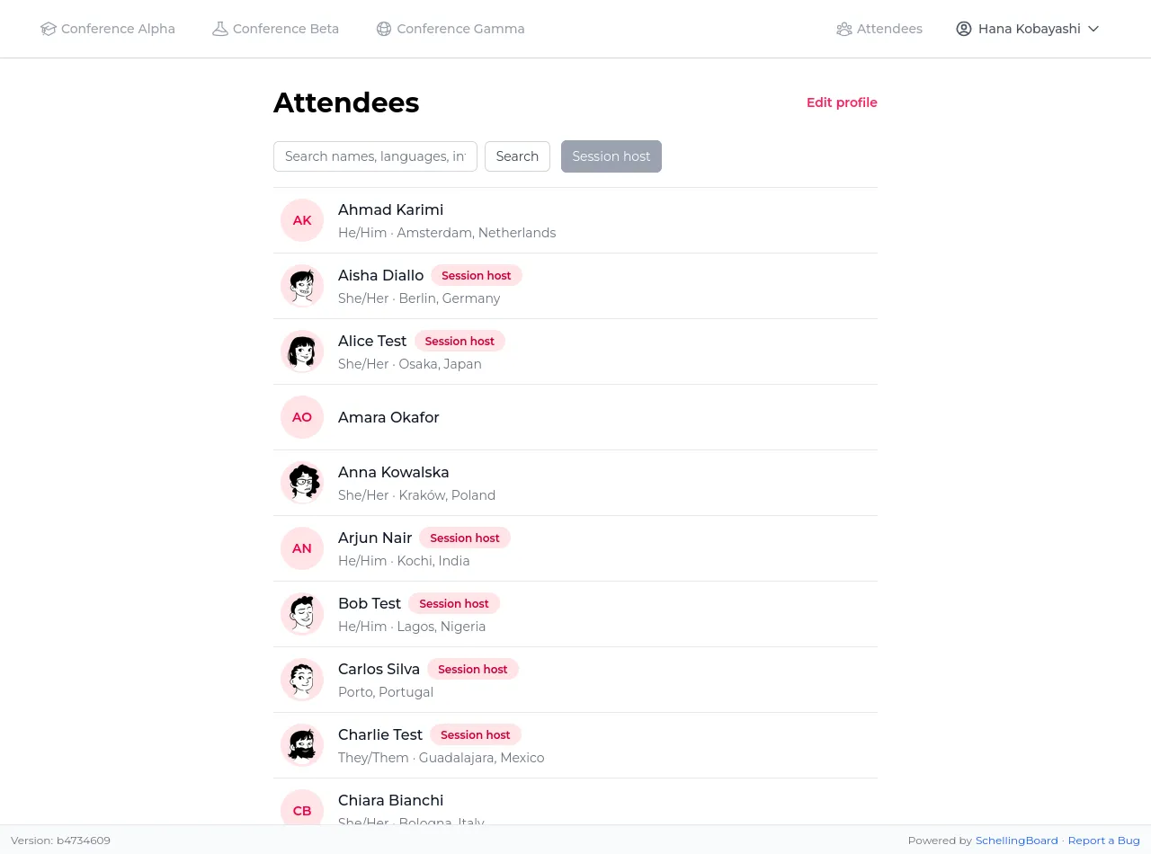 Searchable attendee directory with avatars, bios, and Session host badges