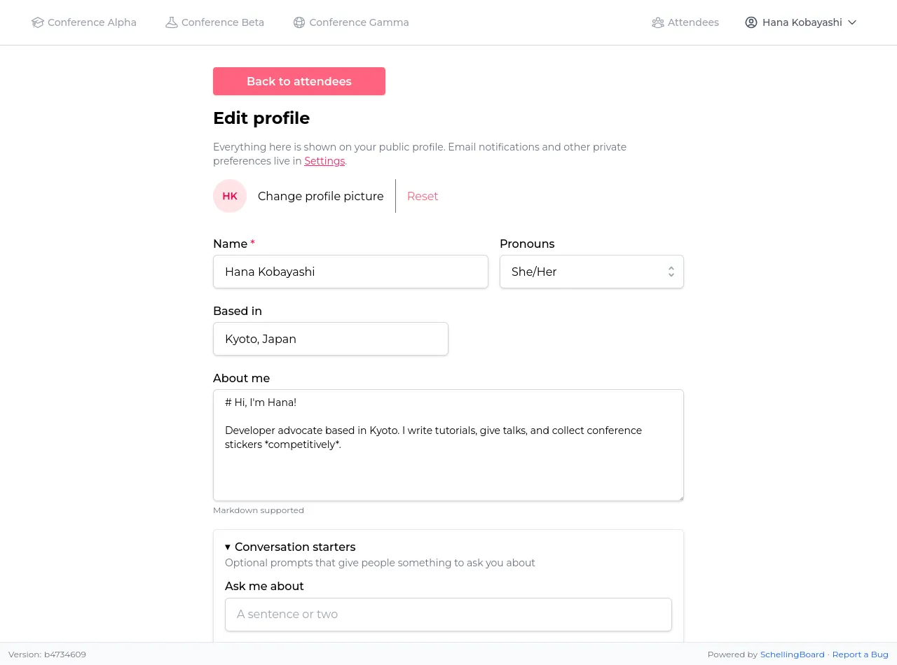 Edit profile form with name, pronouns, avatar, and a Markdown-supported about-me field