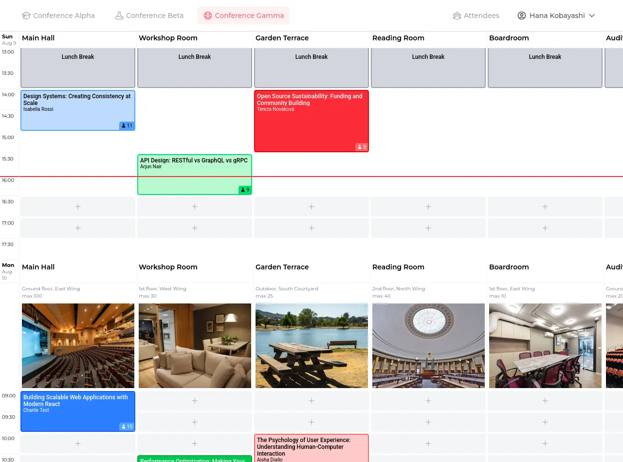 Schedule grid in kiosk mode with a red line marking the current time