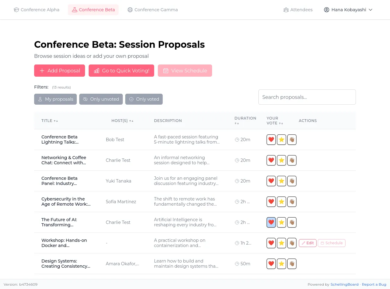 Proposal list with Interested / Maybe / Skip vote buttons