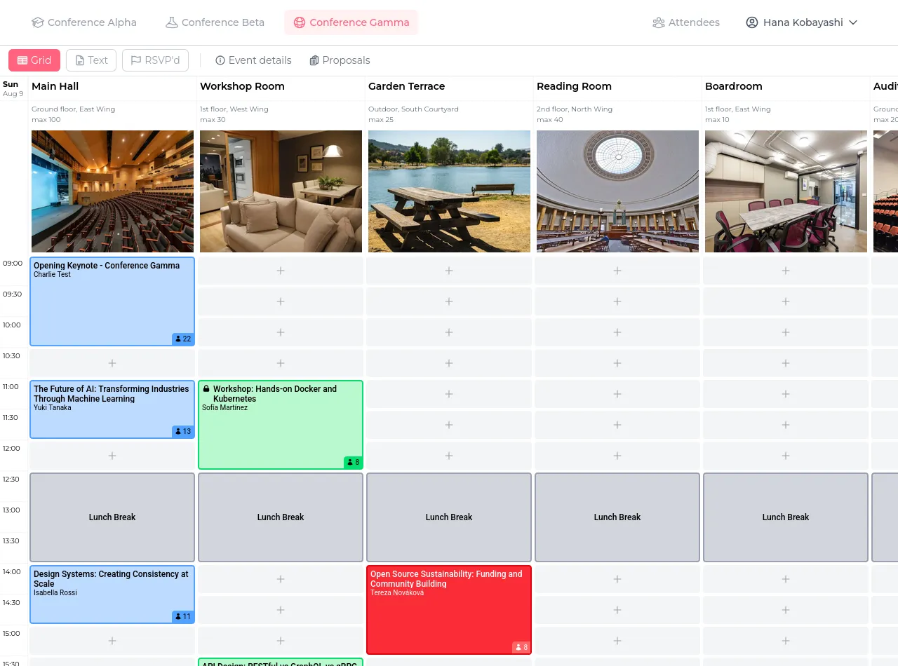 Simple scheduling grid with rooms as columns and time slots as rows