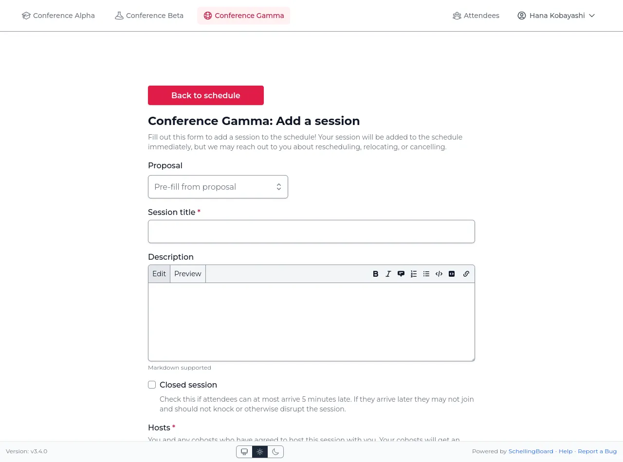 Form for adding a session to the schedule, with a Pre-fill from proposal dropdown