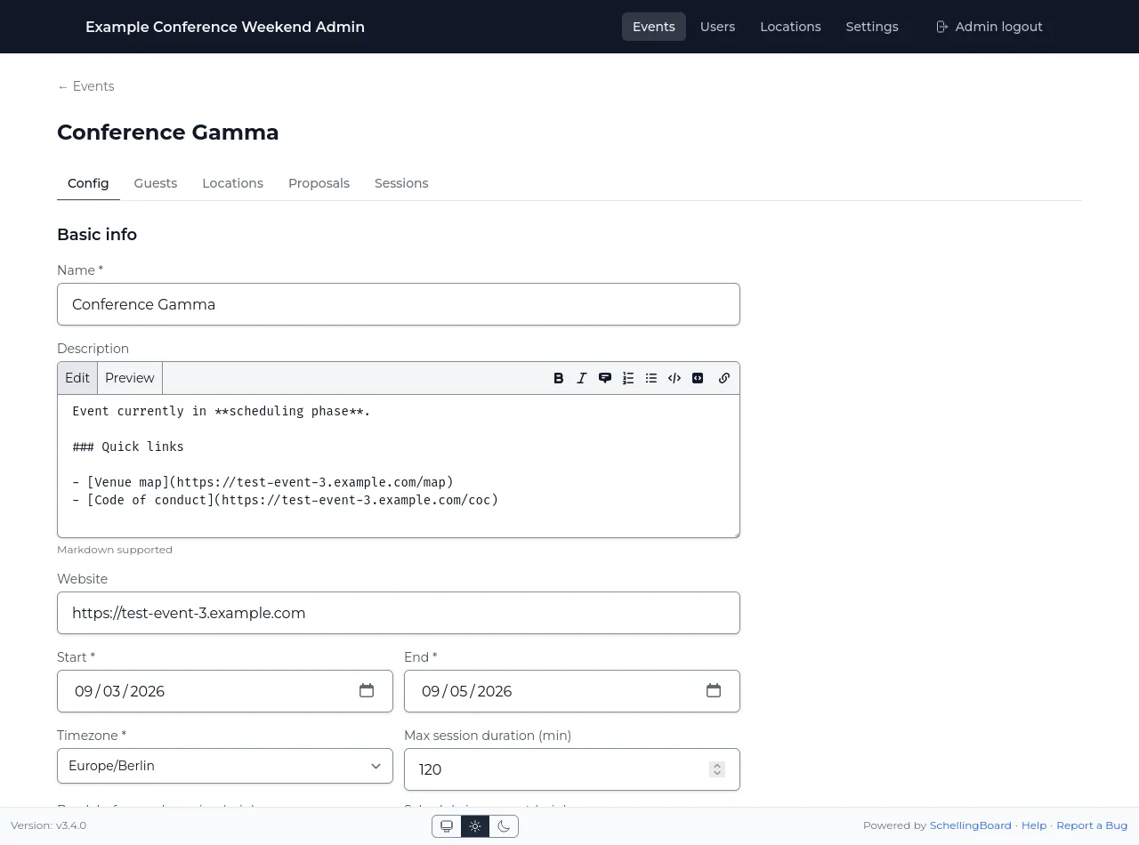 Admin event configuration form with name, dates, timezone, and scheduling settings