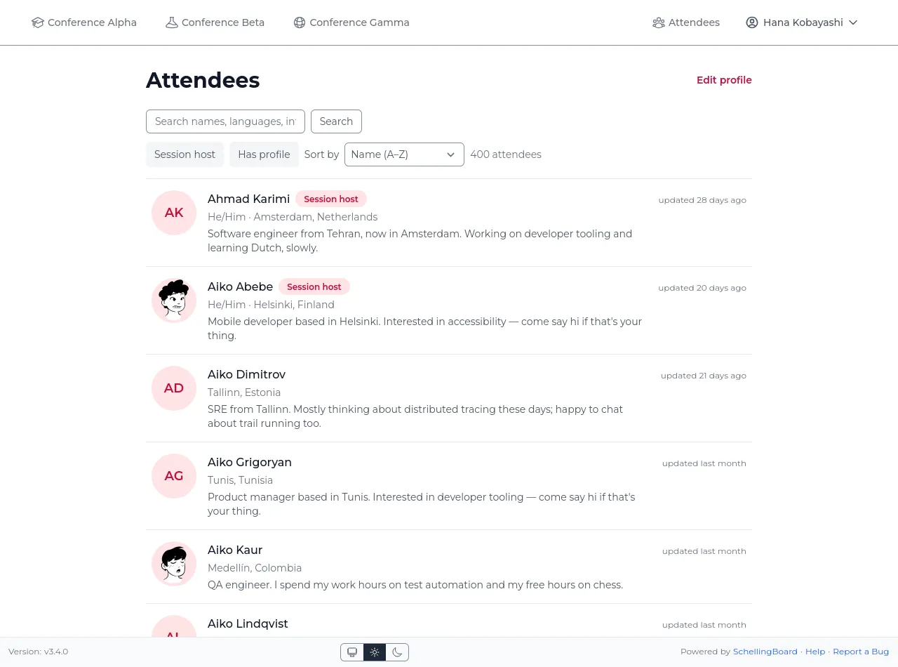 Searchable attendee directory with avatars, bios, and Session host badges