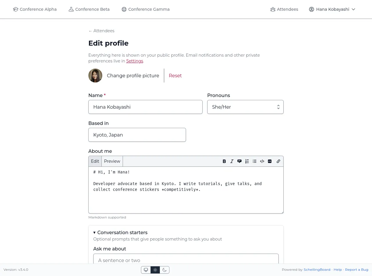 Edit profile form with name, pronouns, avatar, and a Markdown-supported about-me field