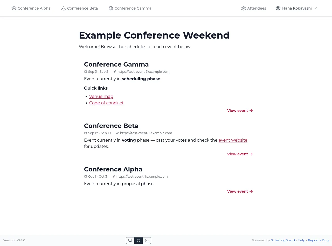 Home page listing multiple events, each with its dates, phase, and quick links