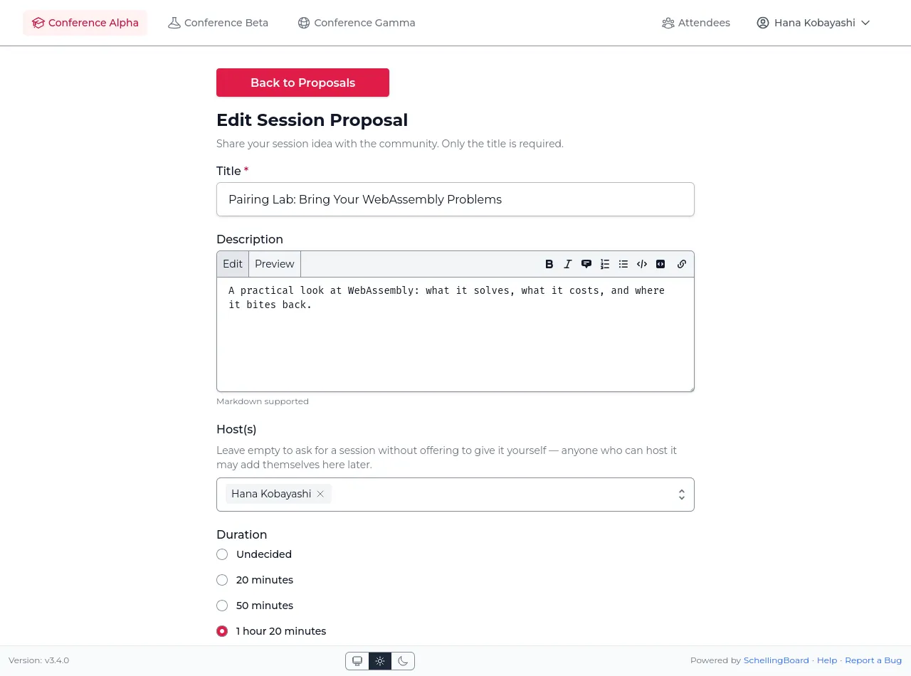 Session proposal form with title, description, hosts, and duration fields