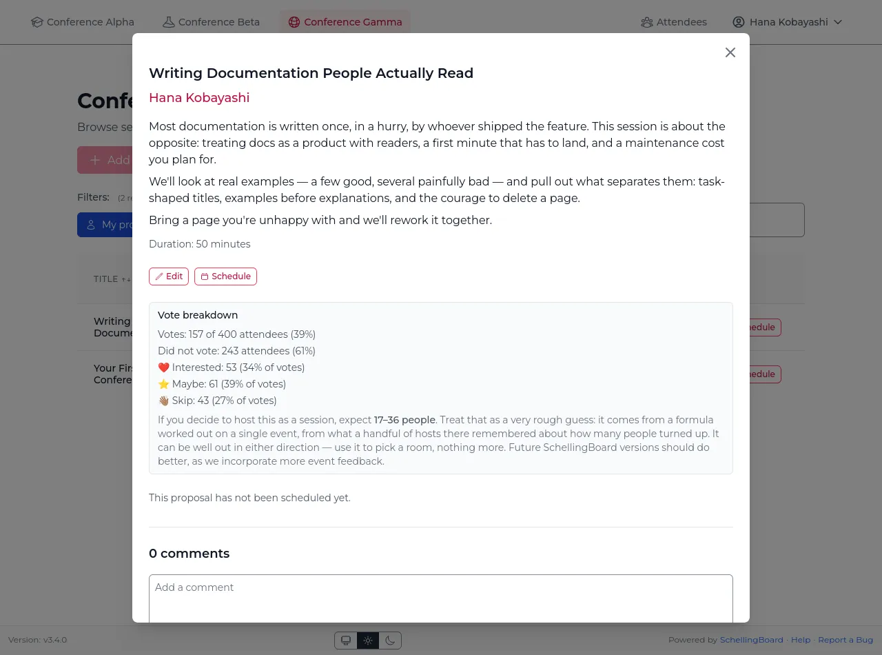 Proposal popup in the scheduling phase, showing a vote breakdown with turnout, the split across Interested, Maybe and Skip, and a range of how many people to expect