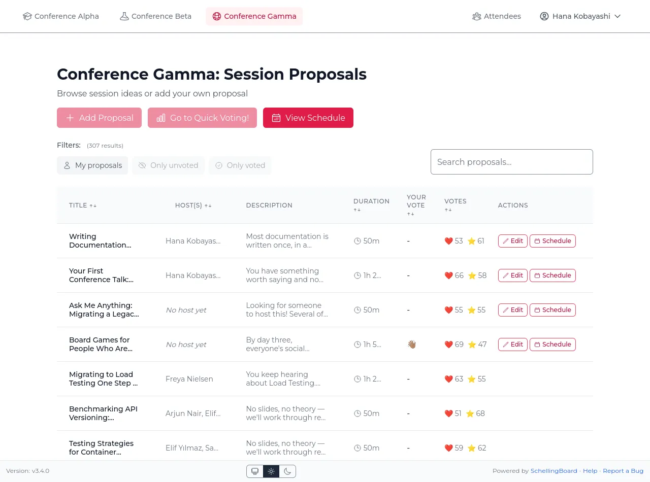Proposals list in the scheduling phase, with a Your vote column and heart and star vote counts per proposal