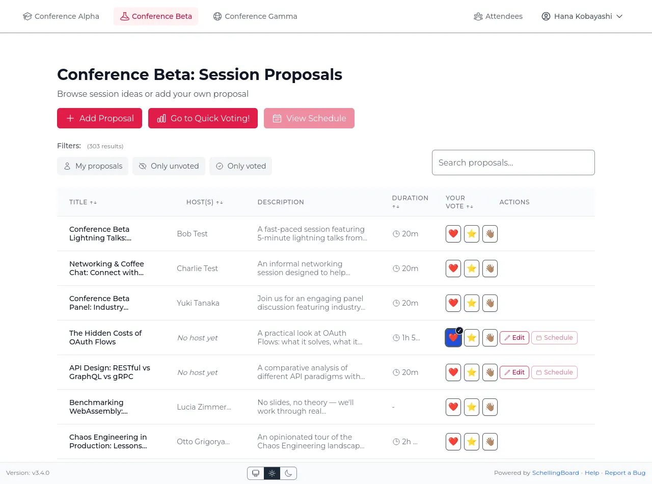Proposal list with Interested / Maybe / Skip vote buttons