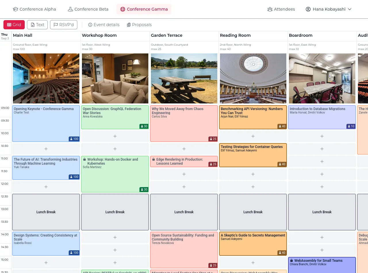 Simple scheduling grid with rooms as columns and time slots as rows