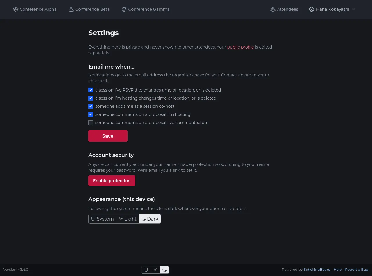 Settings page in dark mode, one of the supported themes, with email notification checkboxes and an Enable protection button