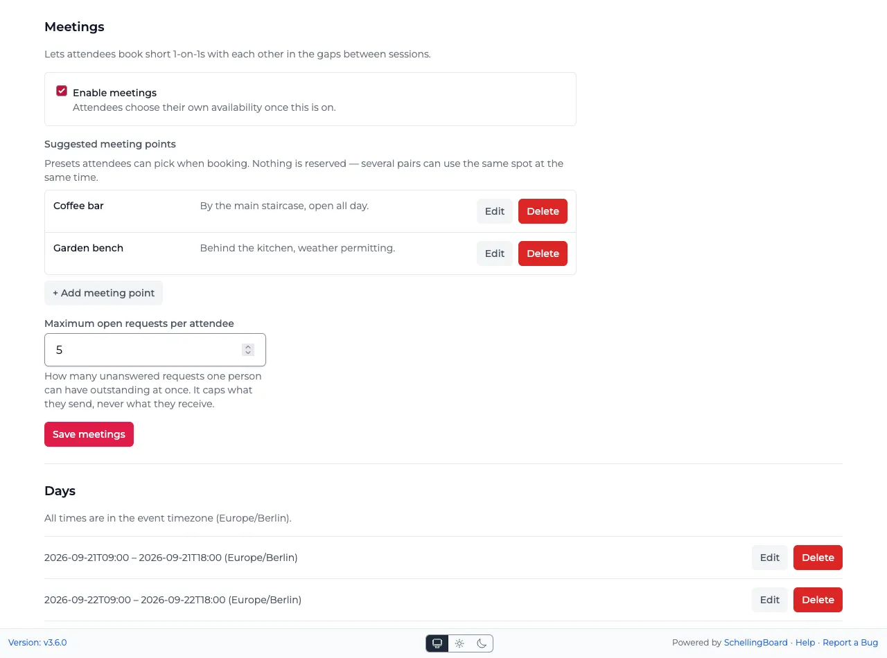 The Meetings section of an event's configuration, with 1-on-1s enabled, two suggested meeting points, and the cap on open requests
