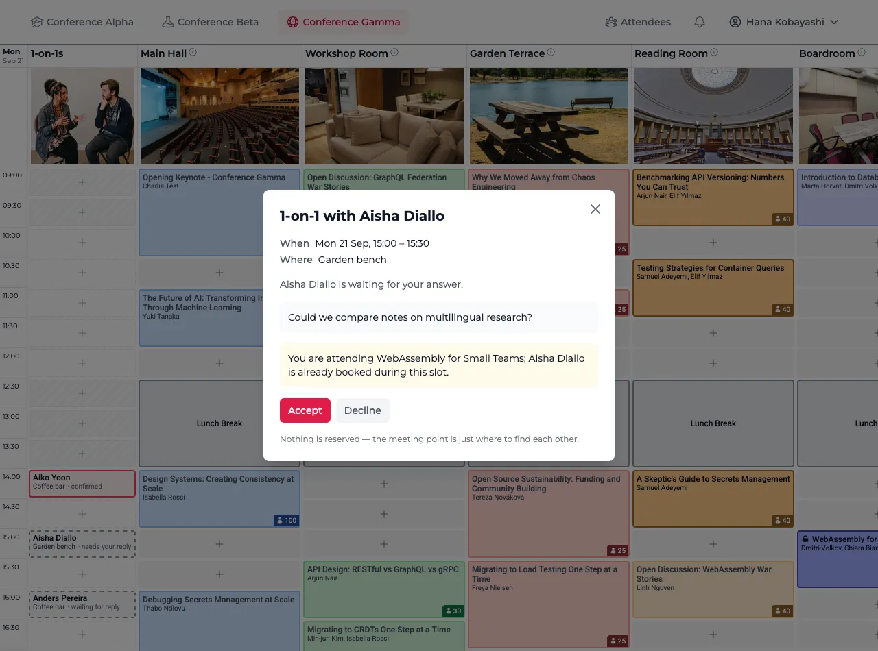 A 1-on-1 request popup with when, where, the sender's line of context, a warning about a clash, and Accept and Decline buttons