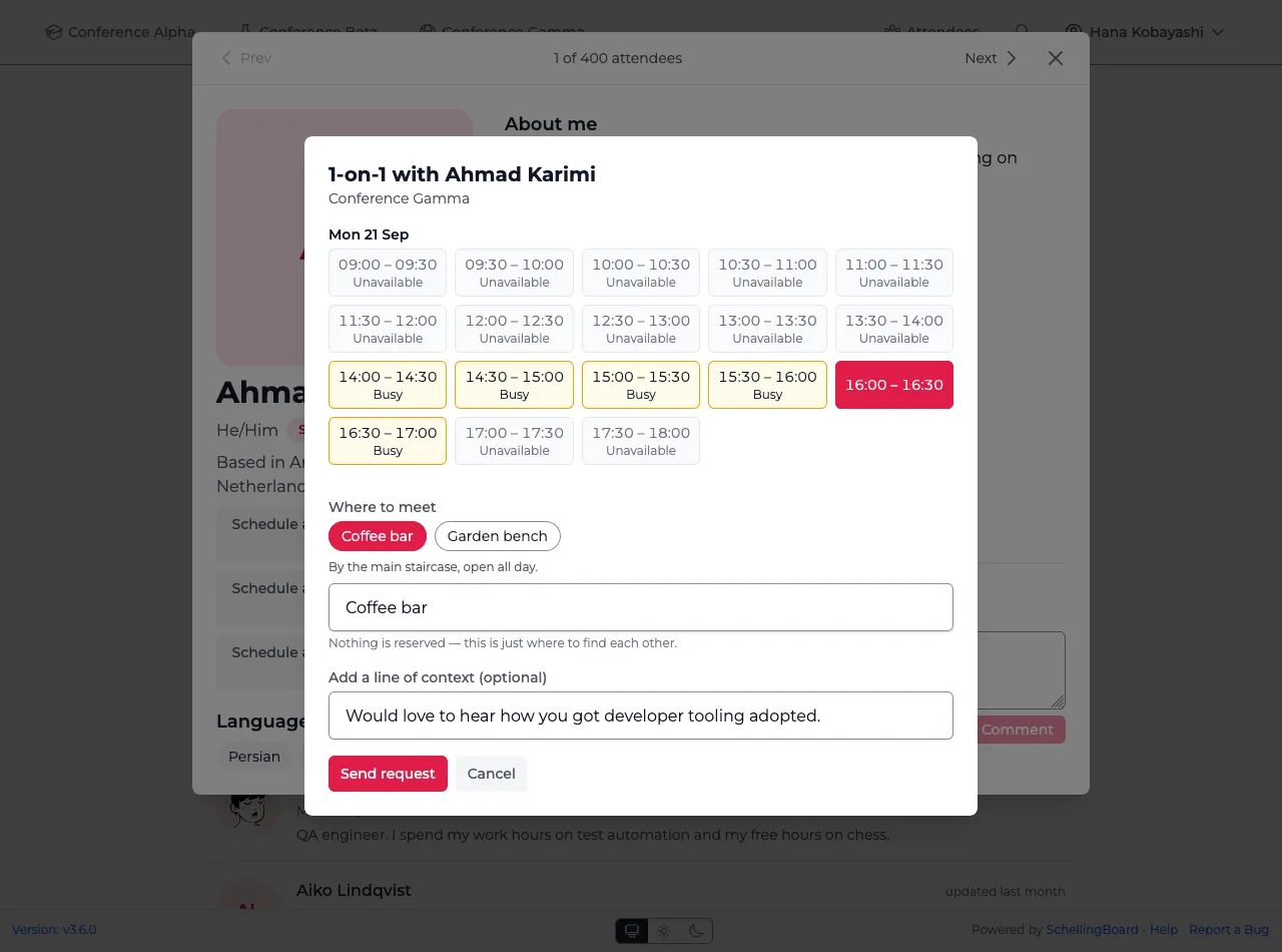 Request form for a 1-on-1, with the day's slots — one picked, the rest marked Busy or Unavailable — a choice of meeting points, and a line of context