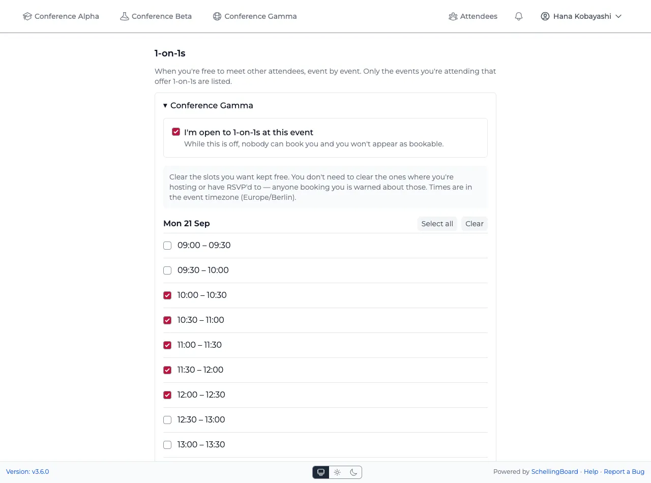 The 1-on-1s section of Settings, with an event's panel open: the "I'm open to 1-on-1s" switch on, and a day's slots as checkboxes with some cleared