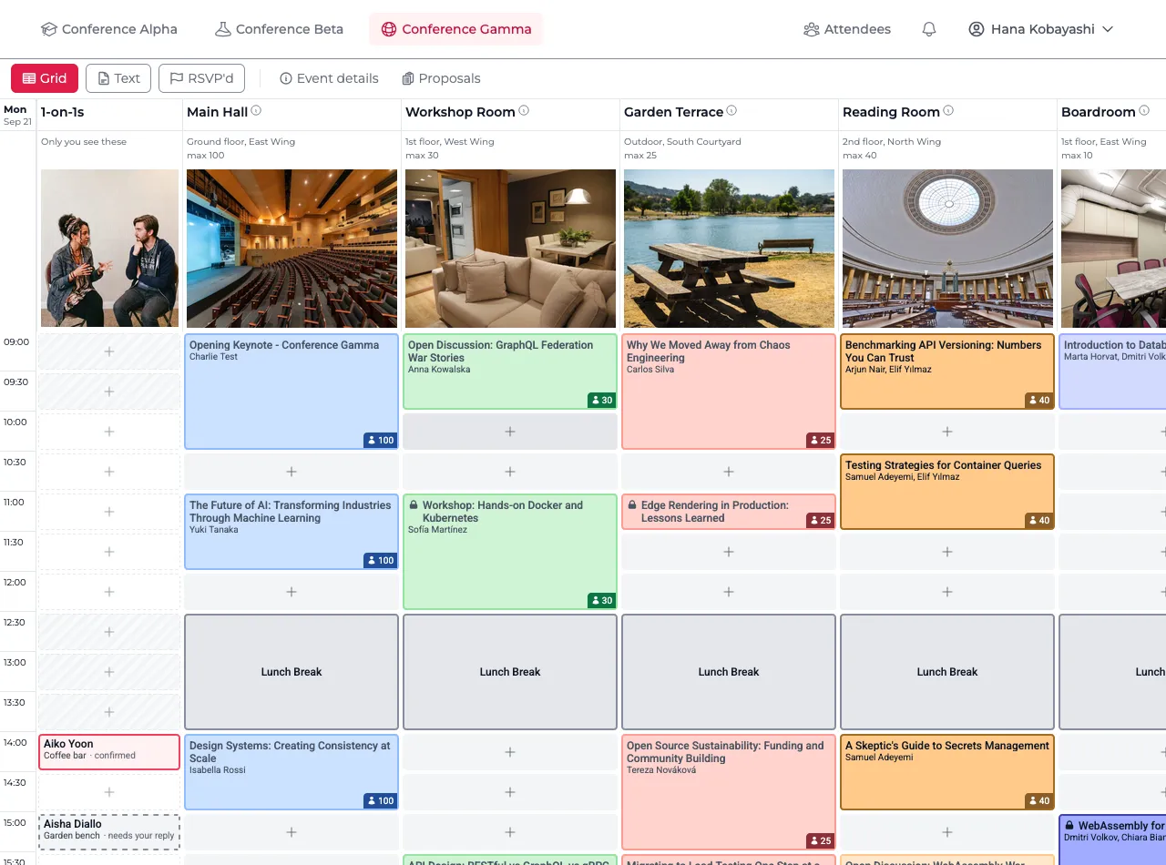 Scheduling grid with rooms as columns and time slots as rows, and a first column holding the viewer's own 1-on-1s