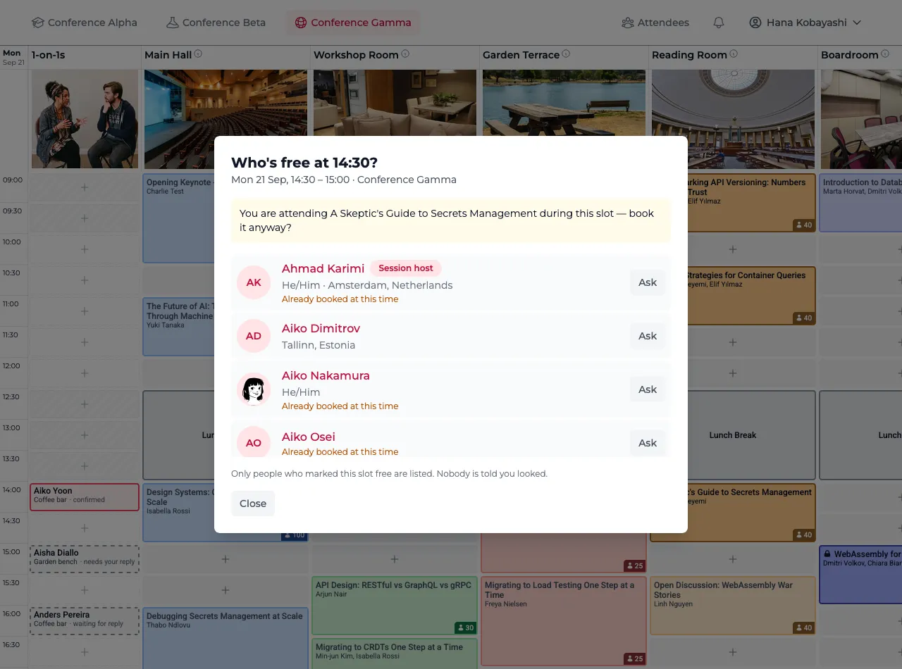 Popup asking "Who's free at 14:30?", listing the attendees who marked that slot open with an Ask button each, some of them noted as already booked
