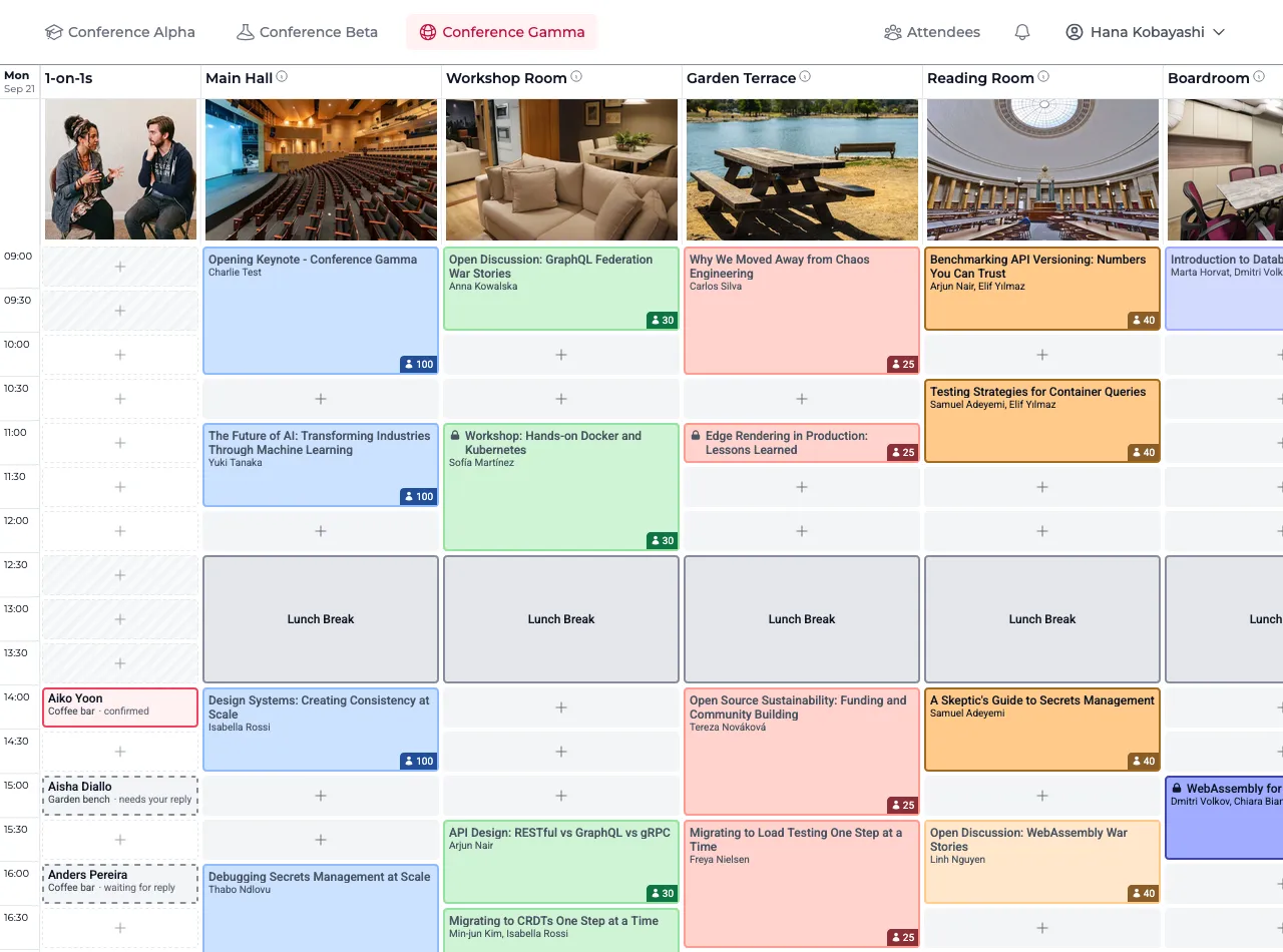 Schedule grid with a first column of the viewer's own 1-on-1s — one confirmed, one waiting for their reply, one waiting for the other person's — beside the room columns